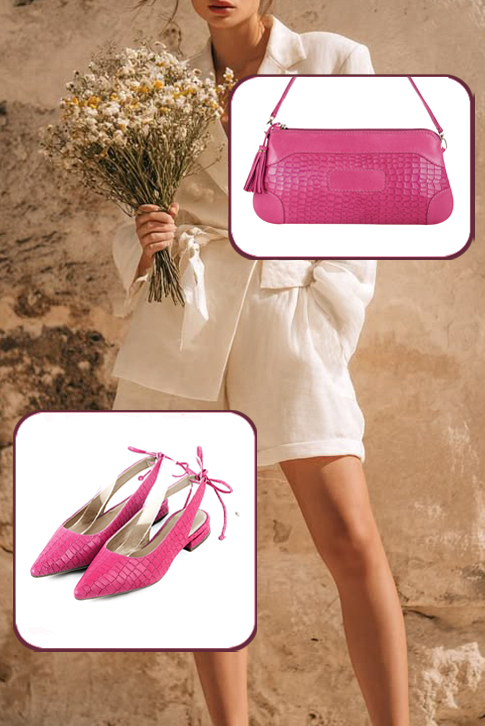 Dress slingback heels in fuchsia pink leather with flat flare heels and pointed toe - Worn view
